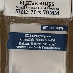 May include: Clear plastic card sleeves in a sealed package. The package reads "SLEEVE KINGS" and "Small Square Card Sleeves." The size is 70 x 70mm, and the package contains 110 sleeves. The sleeves are made of 100% clear polypropylene.