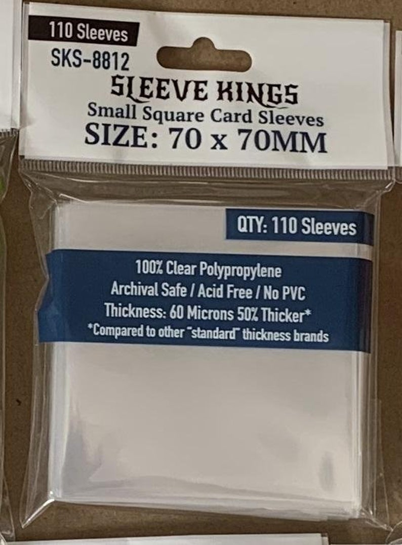 May include: Clear plastic card sleeves in a sealed package. The package reads "SLEEVE KINGS" and "Small Square Card Sleeves." The size is 70 x 70mm, and the package contains 110 sleeves. The sleeves are made of 100% clear polypropylene.