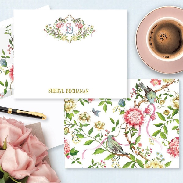 Chinoiserie Floral Stationery Personalized FLAT NOTECARD Set, Custom Monogram Thank You Card, Grandmillenial Coquette Bow Birds Print + Ship