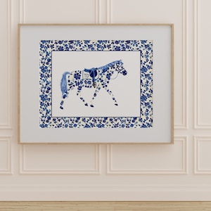 Aquarel chinoiserie paardensport paard fysieke WALL ART poster PRINT | Gepersonaliseerde preppy monogramzadel | Rodeomeisje kinderkamerdecoratie