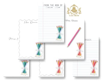 Teacher Parent Stationery Notepad | Girly Pencil Bouquet + Bow | School Memo Note Pad (Large 5.5x8.5)