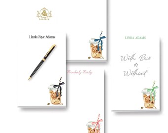 Personalized Iced Coffee Notepad: Striped Straw Bow | Stationery Gift | Large Memo Note Pad 5.5x8.5