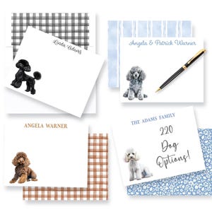 May include: A collection of personalized stationery cards featuring watercolor illustrations of various poodle dogs. The cards display names like Linda Adams and Angela Warner, with one card stating 220 Dog Options. Includes envelopes with plaid and floral patterns.