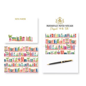 Personalized Stationery Notecards: Watercolor Bookshelf Book Stacks | Library Thank You Note Cards