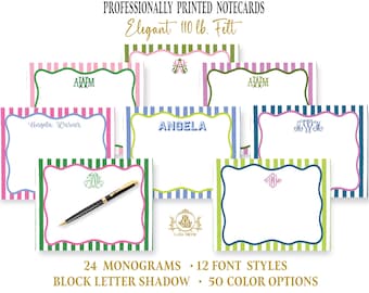 Stationery Notecards: Personalized Monogram | Stripes Scallop Border | Classic Thank You Note Cards