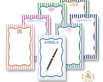 Wavy Stripes Stationery Notepad: Personalized Monogram | Scallop Border | Large Memo Note Pad 5.5x8.5