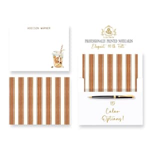 Iced Coffee Stationery Notecards: Personalized Thank You Note Cards |  Cup + Striped Straw + Girly Bow