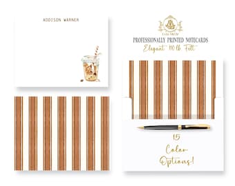 Iced Coffee Stationery Notecards: Personalized Thank You Note Cards |  Cup + Striped Straw + Girly Bow