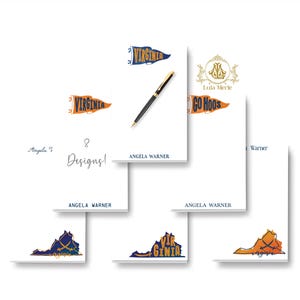 May include: A collection of white stationery notepads featuring various Virginia-themed graphics, including pennants with the text Virginia and Go Hoos, state outlines with crossed swords, and the name Angela Warner printed on each individual sheet.
