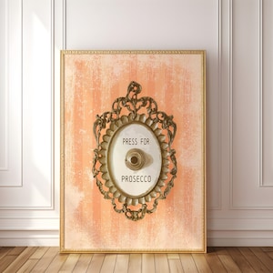 PHYSICAL Wall Art Print: Naciśnij przycisk Prosecco, dekoracja wózka barowego, plakat w stylu retro Orange Champagne Glam Dorm, szykowny włoski śródziemnomorski