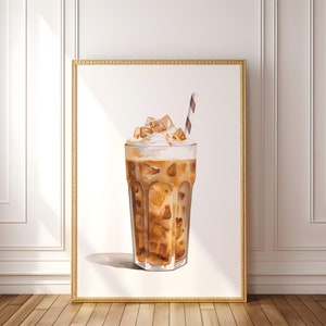 PRINTABLE Wall Art Print: Iced Coffee Watercolor #2 Kitchen Bar Cart Gallery, Preppy Latte Espresso Spill, Minimal Neutral Java Dorm Poster