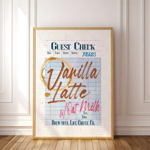 Impresión física de arte de pared: recibo de cheque de invitado de café helado, tipografía de cocina, póster de dormitorio rosa preppy, galería de manchas de anillos de café expreso con leche