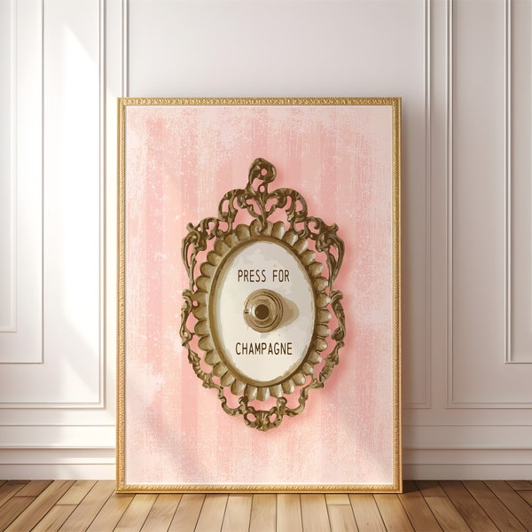 PHYSICAL Press for Champagne Button Wall Art Print: Bar Cart Decor, Retro Pink Champagne Glam Dorm Poster, Preppy Parisian Chic Coquette