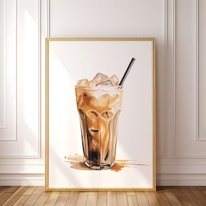 PRINTABLE Wall Art Print: Iced Coffee Watercolor #1 Kitchen Bar Cart Gallery, Preppy Latte Espresso Spill, Minimal Neutral Java Dorm Poster