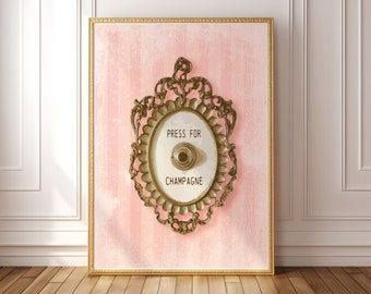 PHYSICAL Press for Champagne Button Wall Art Print: Bar Cart Decor, Retro Pink Champagne Glam Dorm Poster, Preppy Parisian Chic Coquette