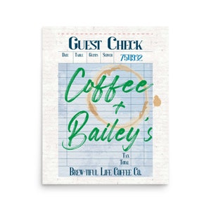 PRINTABLE Wall Art Print: Guest Check Receipt, Coffee Baileys Irish Cream Typography, Bar Cart Poster, Coffee Ring Stain, Preppy Green Blue
