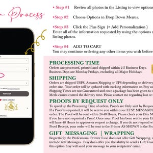May include: An infographic titled Order Process detailing four steps for purchasing, including reviewing photos, selecting options, clicking Add personalization, and adding to cart. It features a smartphone screen showing an Etsy interface.