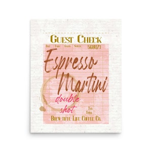 PRINTABLE Wall Art Print: Espresso Martini Guest Check Receipt, Coffee Cocktail, Pink Kitchen Poster, Preppy Bar Cart Watercolor Ring Stain