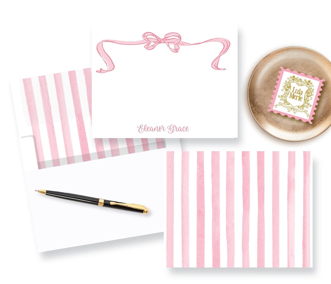 Watercolor Modern Pink Bow Personalized STATIONERY FLAT NOTECARD Set ...