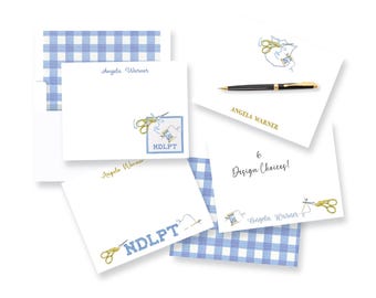 Personalized Stationery Notecards: Needlepoint, NDLPT, Embroidery, Cross Stitch, Blue Gingham, Thank You Note Cards