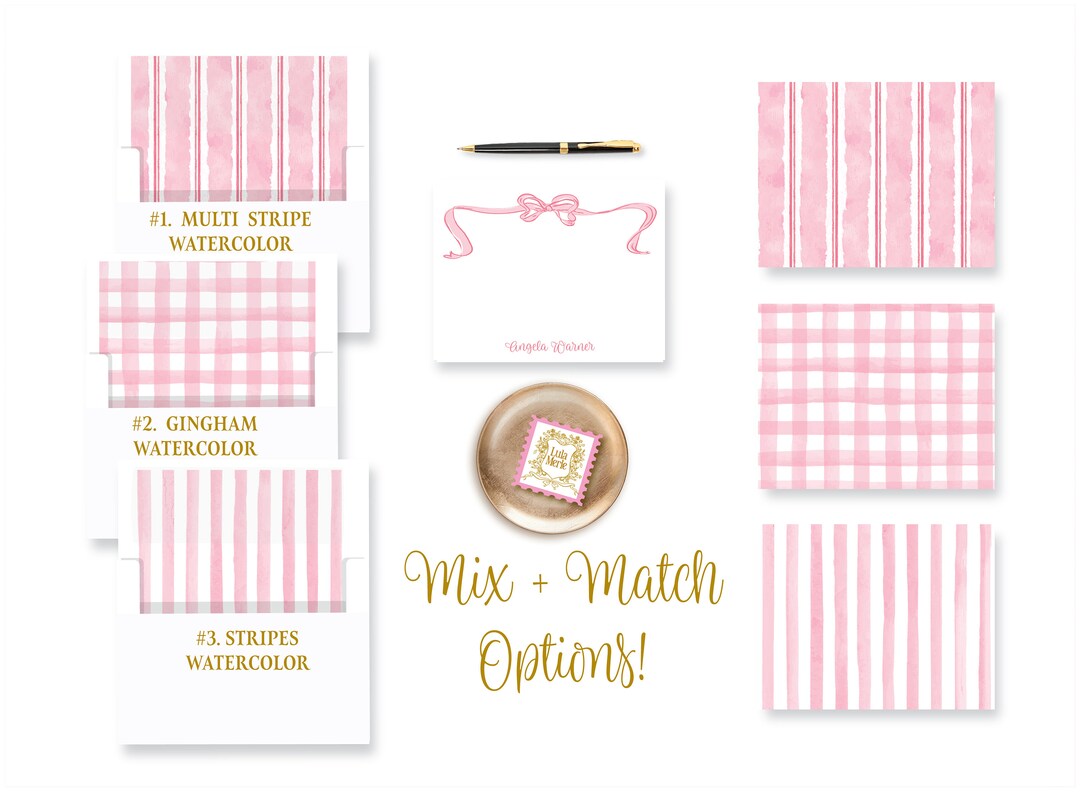 Watercolor Modern Pink Bow Personalized STATIONERY FLAT NOTECARD Set ...