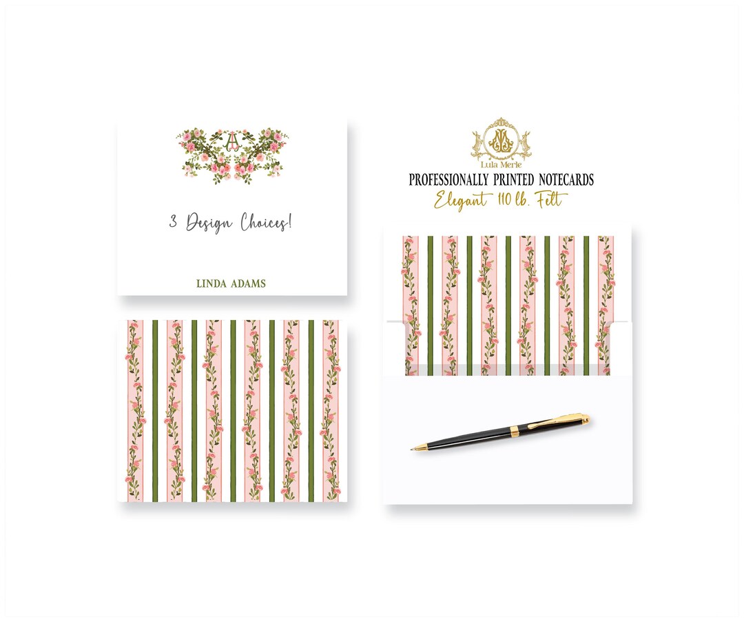 Personalized Stationery Notecards | Monogram Crest Floral Pink Roses ...