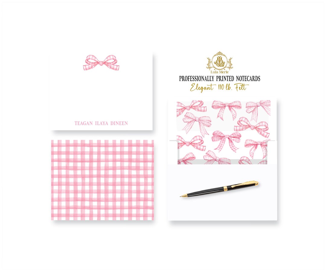 Personalized Pink Gingham Bow Notecards: Preppy Stationery Set | Thank ...