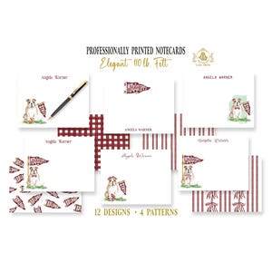 May include: Professionally printed notecards with a bulldog design, available in 12 designs and 4 patterns. The notecards are elegant and made with 110 lb. felt paper. The name "Angela Warner" is printed on each card.