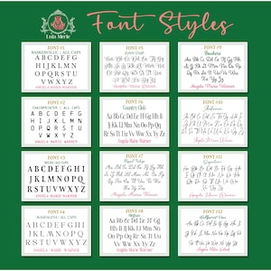 May include: A green chart displaying twelve distinct font styles labeled Font 1 through Font 12. Each section showcases the alphabet in uppercase or mixed case, with the name Angela Marie Warner written below each set to demonstrate the typeface.