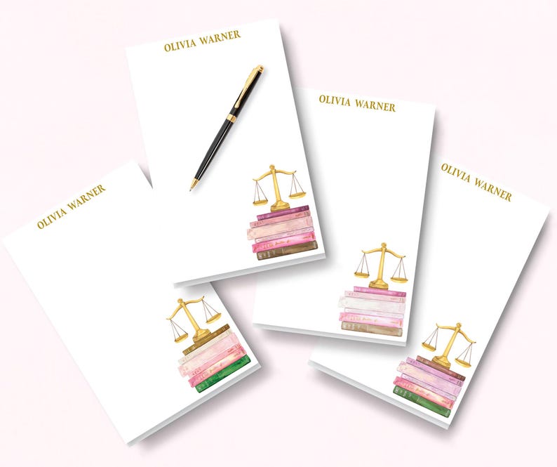 Personalized Notepad, Scales of Justice, Pretty Watercolor Book Stack, Attorney, Paralegal, Judge, Law Student Gift, Professor Teacher, Custom To Do List, List Maker, Planner Desk Note Jotter, Large Office Organization, Preppy Graduation Gift, Celebration Congratulations, Secretary Assistant, Modern Girly Books