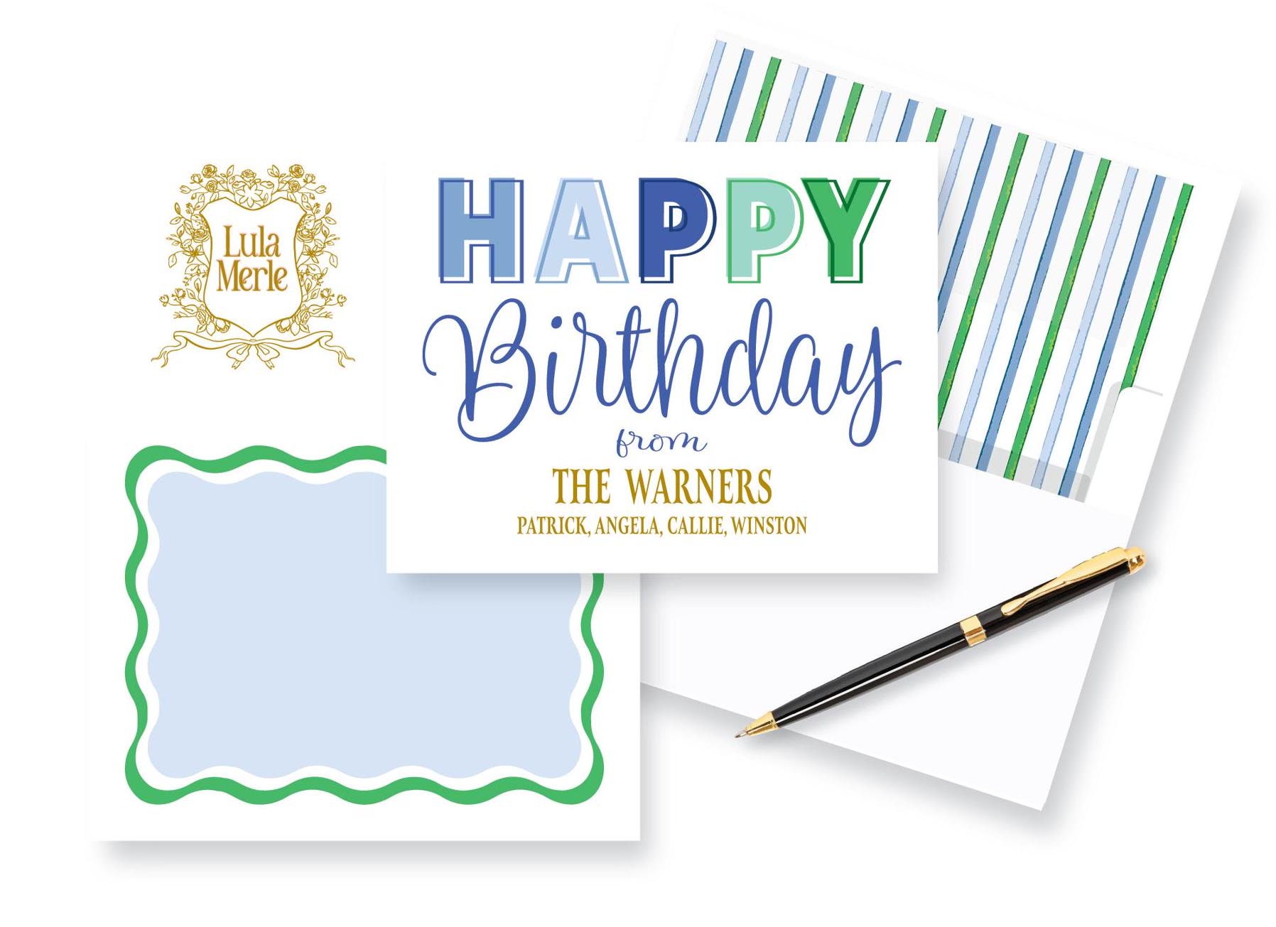 Personalized Happy Birthday STATIONERY FLAT NOTECARD Modern Wavy Border ...