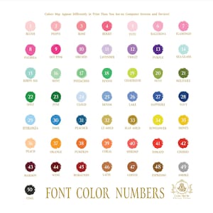 May include: A color chart featuring fifty numbered circular paint swatches in various hues, including pinks, purples, greens, blues, yellows, oranges, reds, browns, and grays. The text reads FONT COLOR NUMBERS and includes the Lula Merle logo.