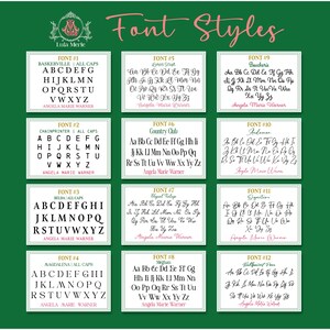 May include: A green chart displaying twelve distinct font styles labeled Font 1 through Font 12. Each section showcases the alphabet in uppercase or mixed case, with the name Angela Marie Warner written below each set to demonstrate the typeface.