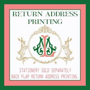 May include: A square graphic with a green border and a pink inner border. The text "RETURN ADDRESS PRINTING" is at the top. A decorative emblem with the letters "ML" is in the center, flanked by two illustrations of rabbits. The text "STATIONERY SOLD SEPARATELY BACK FLAP RETURN ADDRESS PRINTING" is at the bottom.