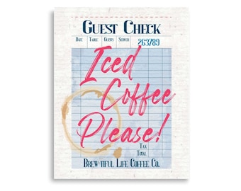 PRINTABLE Iced Coffee Guest Check Receipt Wall ART PRINT:  Kitchen Typography, Preppy Pink Dorm Poster, Latte Espresso Ring Stain Gallery