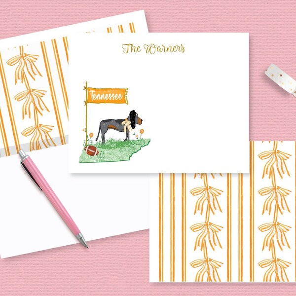 Personalized Tennessee College Football Stationery FLAT NOTECARD Set Mascot Big Orange Bow Preppy Watercolor State Custom Card Print + Ship