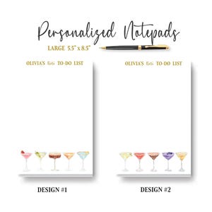 May include: Two white personalized notepads measuring 5.5 inches by 8.5 inches, each featuring the gold text OLIVIA'S tini TO-DO LIST and a row of watercolor cocktail illustrations at the bottom. A black and gold pen is positioned above the notepads.