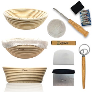 Zaynau 10 Inch Round & Oval Bread Banneton Proofing Basket Set of 2 With Linen Liner-Bench scraper-Silicone Dough Scraper-Danish Dough Whisk