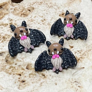 Bat Pink Bow Tie Halloween (One charm) Pendant for jewelry, necklace, beading; cute, kawaii, clay, handmade