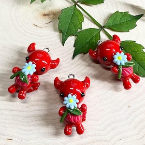 Emotional Support Demon Blue Daisy Flower (One charm) Pendant for jewelry, necklace, Beading; Cute Polymer Clay Devil