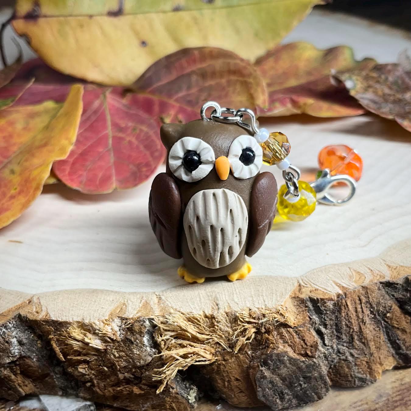 Owl (One charm) beaded charm for purse, phone etc.; Pumpkin; fall; kawaii; cute; polymer clay; glass