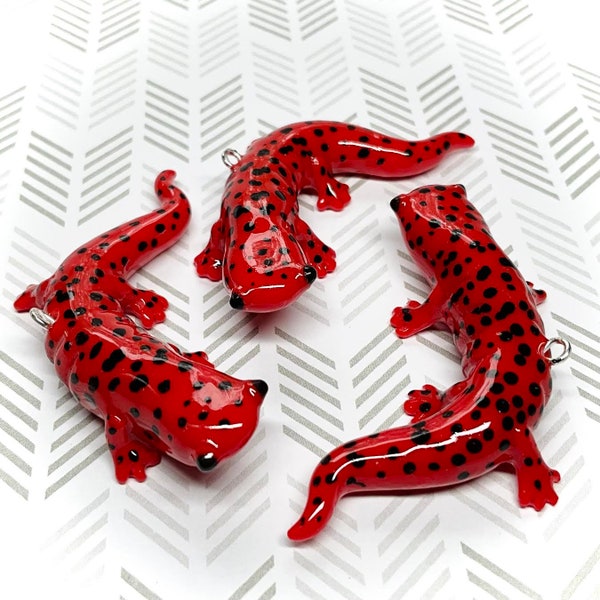 Red Salamander Charm Pendant for Necklace, Beading, Jewelry; animal; kawaii; cute; orange; polymer clay; handmade (one charm)