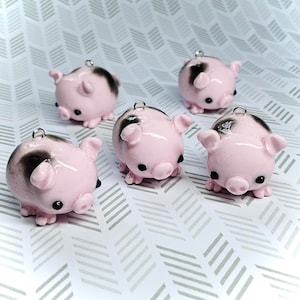 Pink Pig with Black Spots (One charm) Pendant for jewelry, necklace, beading; cute, clay, kawaii, handmade