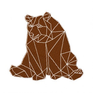 Pode incluir: Uma ilustração geométrica de um urso castanho com linhas brancas que delineiam a forma.