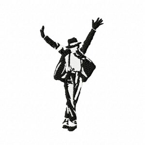 May include: Black and white silhouette of a person in a hat and jacket with one arm raised, performing a dance move.