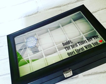 Personalized 12-Slot Watch Box, Glass Lid, Groomsman Gift