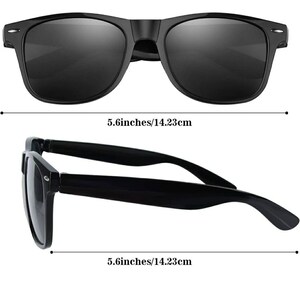 May include: Black sunglasses with a classic rectangular frame. The sunglasses are 5.6 inches wide.
