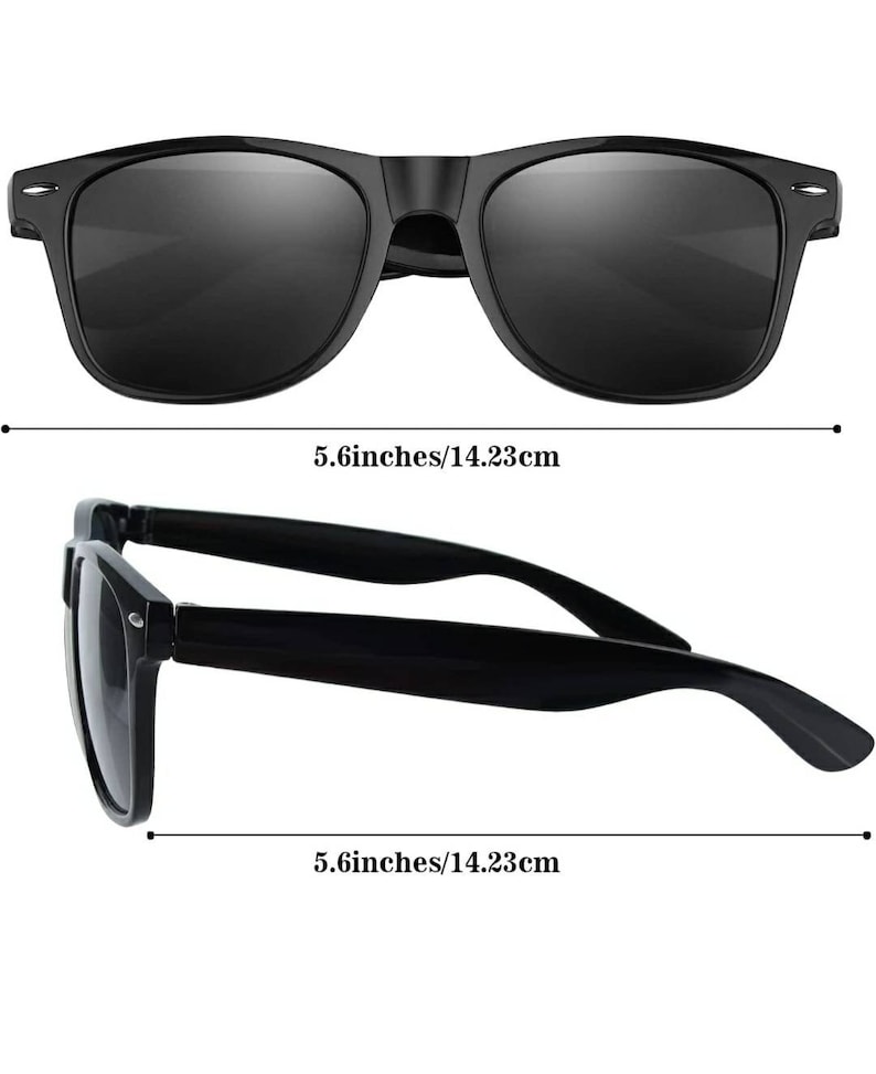 May include: Black sunglasses with a classic rectangular frame. The sunglasses are 5.6 inches wide.