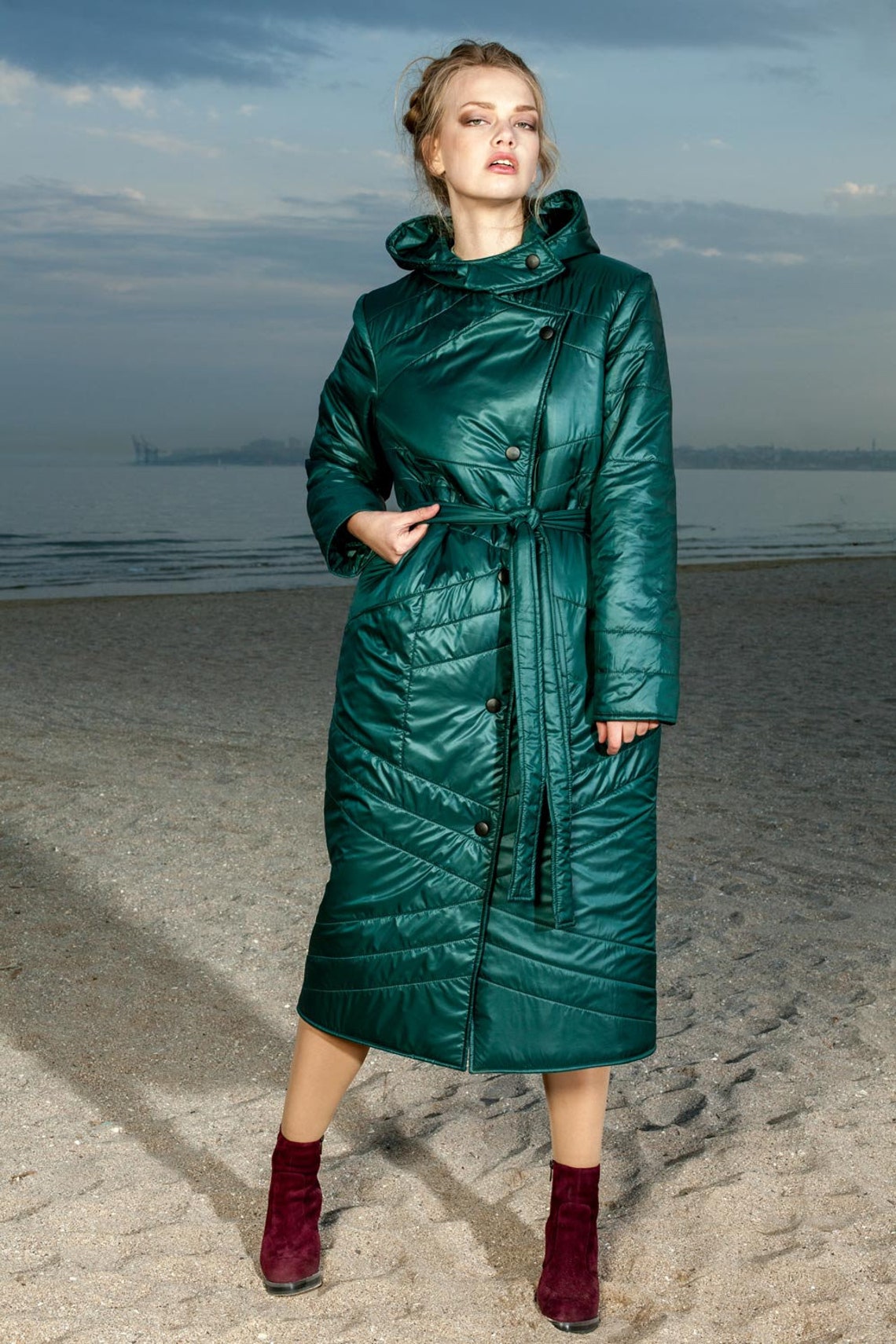 Winter long green hooded quilted coat for women/padded and Etsy