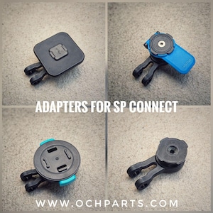 Könnte beinhalten: Eine Auswahl an schwarzen und blauen Adaptern für SP Connect, zur Befestigung verschiedener Geräte. Das Bild zeigt vier verschiedene Adapterdesigns, jedes mit einer einzigartigen Form und einem einzigartigen Befestigungsmechanismus. Der Text "ADAPTERS FOR SP CONNECT" und "WWW.OCHPARTS.COM" sind ebenfalls sichtbar.